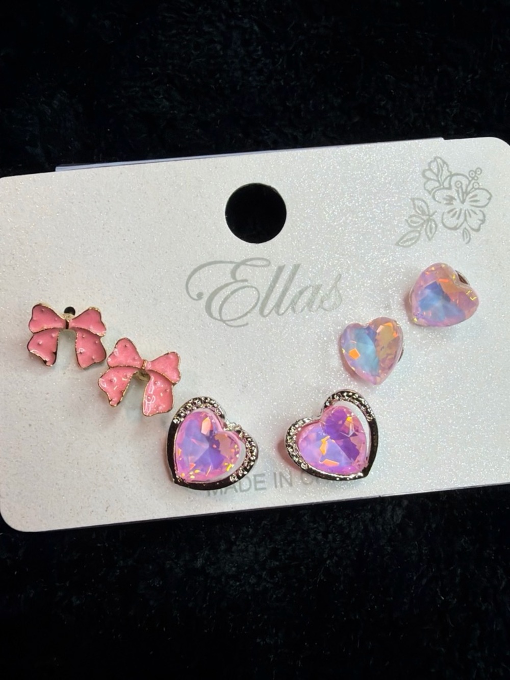 Ella Pink Bow and Iridescent Heart Kids Earring Set - 3 Pairs